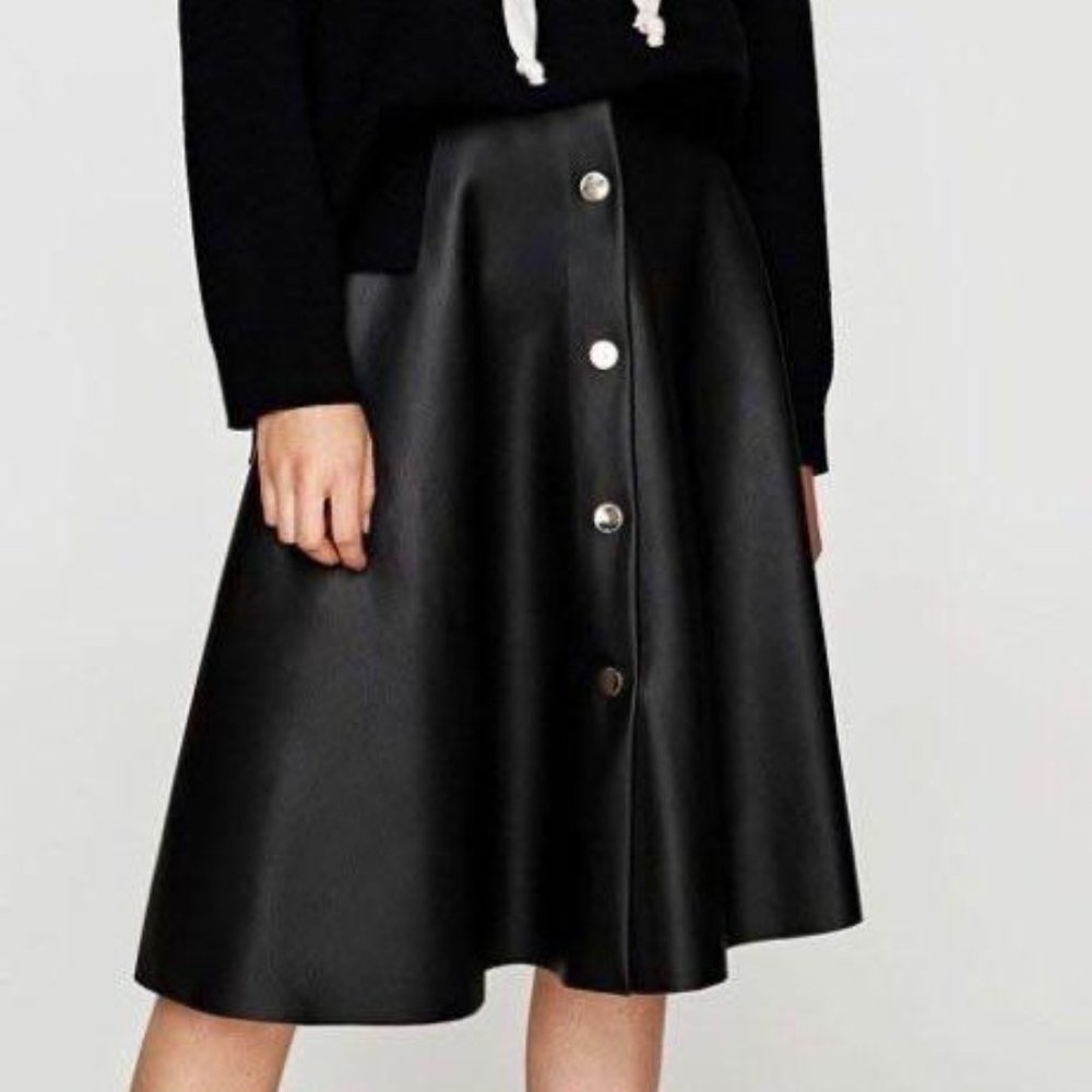 ZARA Faux Leather Circle/A-Line Skirt with Gold Button Detail LARGE